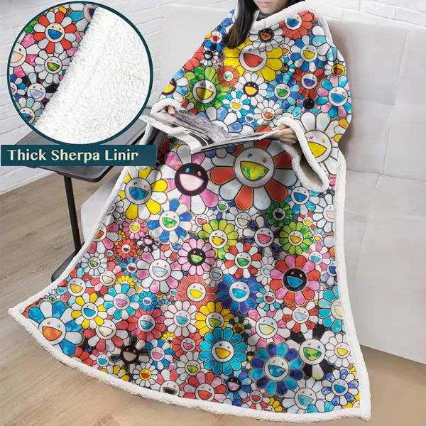 3D Digital Flower Printed Blanket With Sleeves-Cute Cartoon Blanket Robe