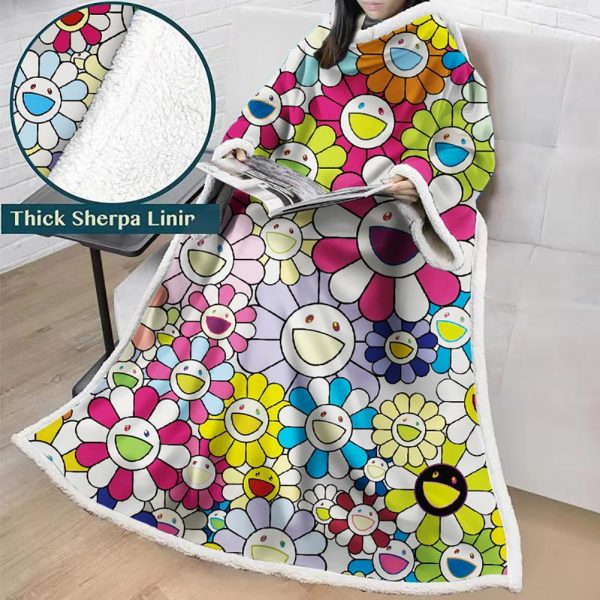 3D Digital Flower Printed Blanket With Sleeves-Cute Cartoon Blanket Robe