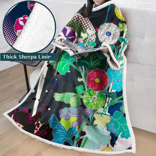 3D Digital Flower Printed Blanket With Sleeves-Cute Cartoon Blanket Robe