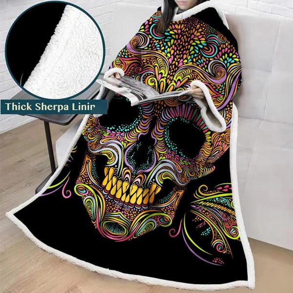 3D Digital Printed Blanket With Sleeves-Horror Skull Blanket Robe