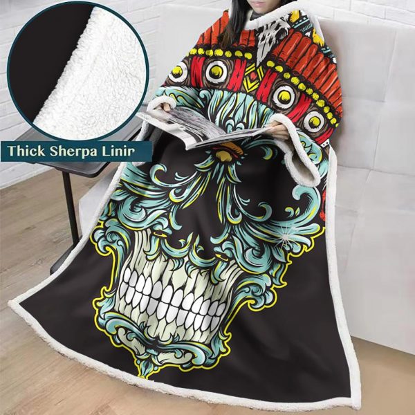 3D Digital Printed Blanket With Sleeves-Horror Skull Blanket Robe