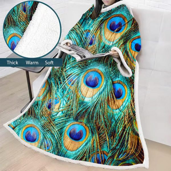 3D Digital Printed Blanket With Sleeves-Peacock Eye Blanket Robe