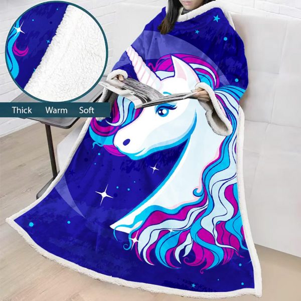 3D Digital Printed Blanket With Sleeves-Unicorn Cartoon Blanket Robe