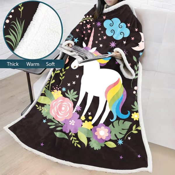 3D Digital Printed Blanket With Sleeves-Unicorn Cartoon Blanket Robe