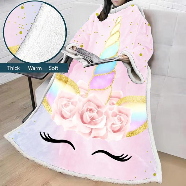 3D Digital Printed Blanket With Sleeves-Unicorn Cartoon Blanket Robe