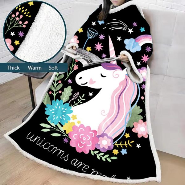 3D Digital Printed Blanket With Sleeves-Unicorn Cartoon Blanket Robe