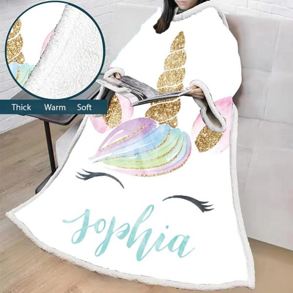 3D Digital Printed Blanket With Sleeves-Unicorn Cartoon Blanket Robe