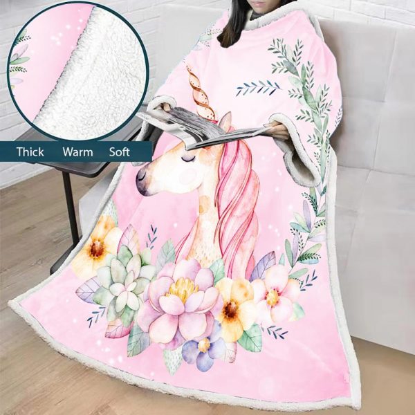 3D Digital Printed Blanket With Sleeves-Unicorn Cartoon Blanket Robe