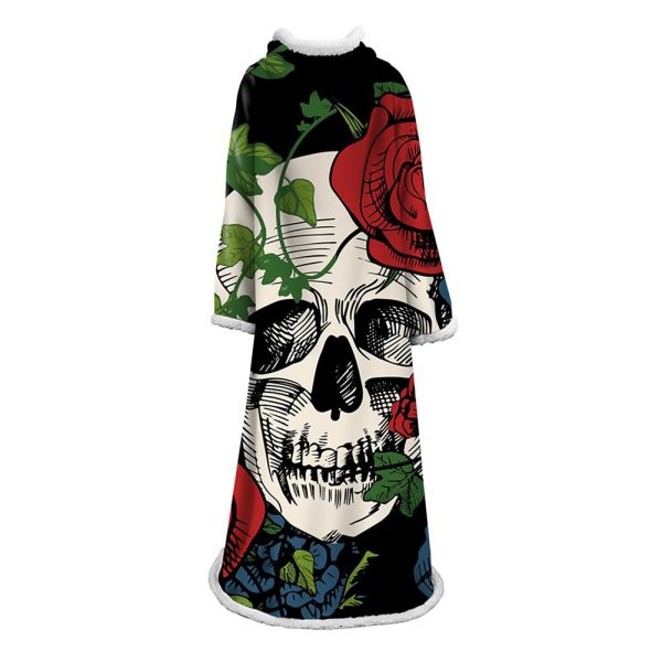 3D Digital Printed Skull Blanket With Sleeves-Horror Blanket Robe