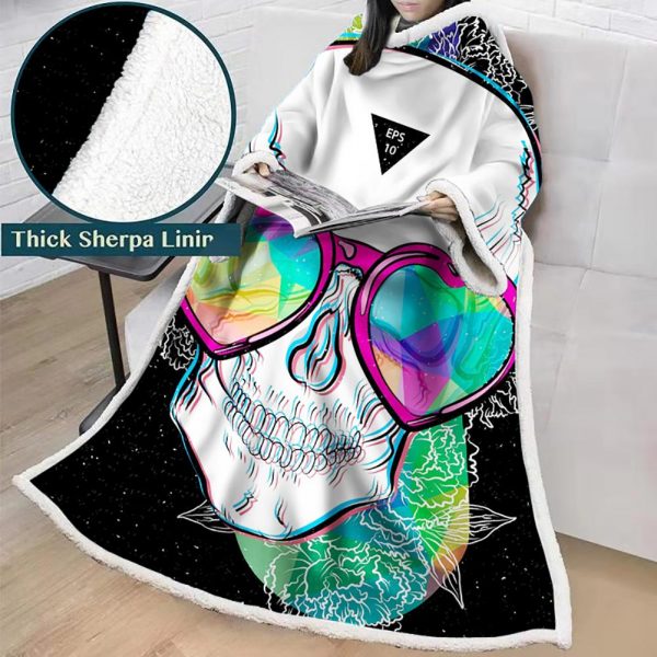 3D Digital Printed Skull Blanket With Sleeves-Horror Blanket Robe