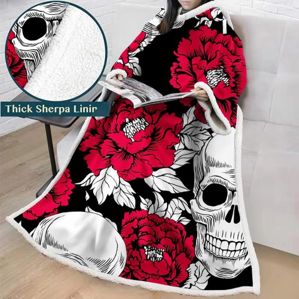 3D Digital Printed Skull Blanket With Sleeves-Horror Blanket Robe