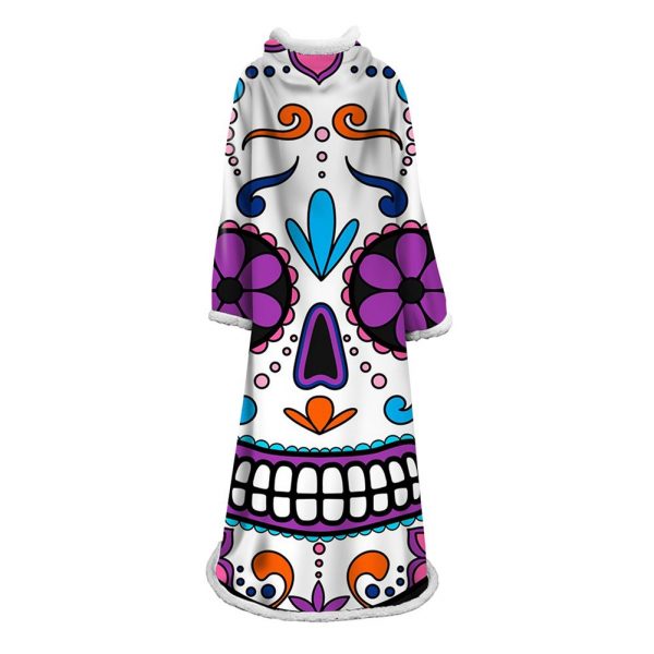 3D Digital Printed Skull Blanket With Sleeves-Horror Blanket Robe