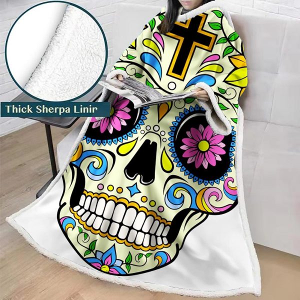 3D Digital Printed Skull Blanket With Sleeves-Horror Blanket Robe