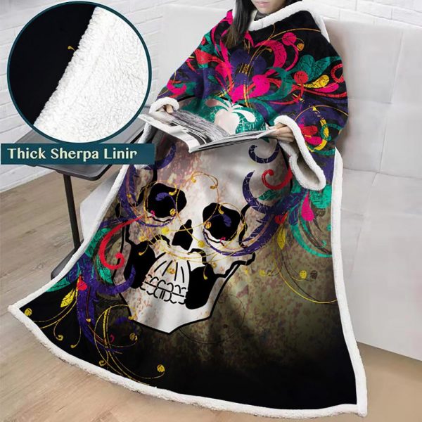 3D Digital Printed Skull Blanket With Sleeves-Horror Blanket Robe