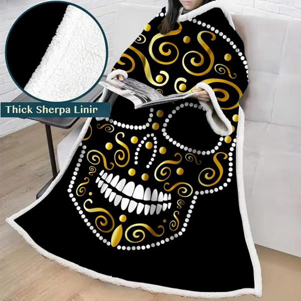 3D Digital Printed Skull Blanket With Sleeves-Horror Blanket Robe