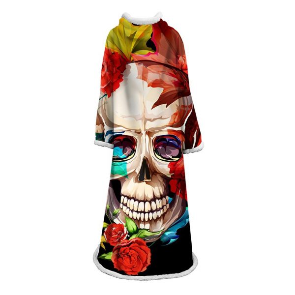 3D Digital Printed Skull Blanket With Sleeves-Horror Blanket Robe