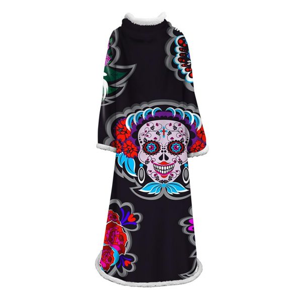 3D Digital Printed Skull Blanket With Sleeves-Horror Blanket Robe
