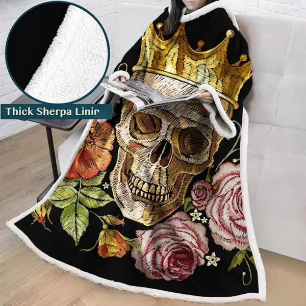 3D Digital Printed Skull Blanket With Sleeves-Horror Blanket Robe