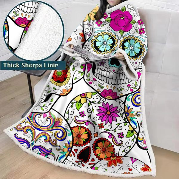 3D Digital Printed Skull Blanket With Sleeves-Horror Blanket Robe