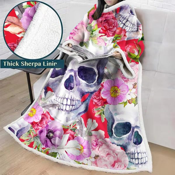 3D Digital Printed Skull Blanket With Sleeves-Horror Blanket Robe