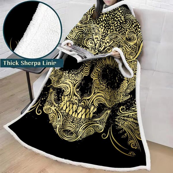 3D Digital Printed Skull Blanket With Sleeves-Horror Blanket Robe