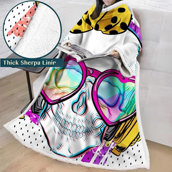 3D Digital Printed Skull Blanket With Sleeves-Horror Blanket Robe