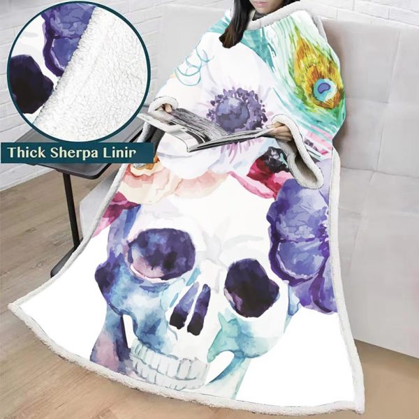 3D Digital Printed Skull Blanket With Sleeves-Horror Blanket Robe