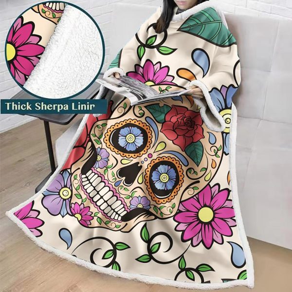 3D Digital Printed Skull Blanket With Sleeves-Horror Blanket Robe