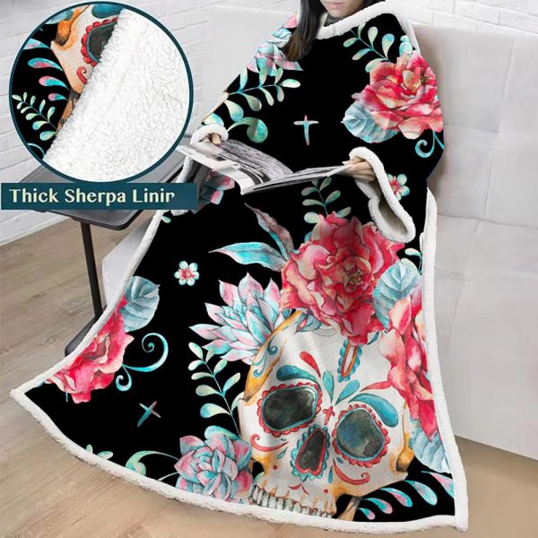3D Digital Printed Skull Blanket With Sleeves-Horror Blanket Robe