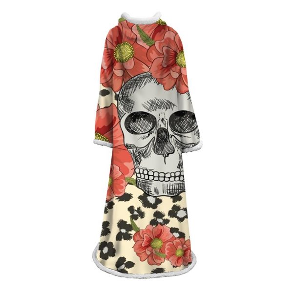 3D Digital Printed Skull Blanket With Sleeves-Horror Blanket Robe