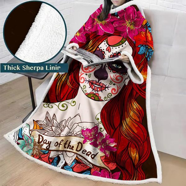 3D Digital Printed Skull Blanket With Sleeves-Horror Blanket Robe