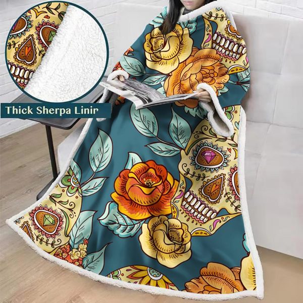 3D Digital Printed Skull Blanket With Sleeves-Horror Blanket Robe