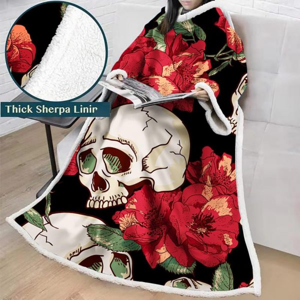 3D Digital Printed Skull Blanket With Sleeves-Horror Blanket Robe