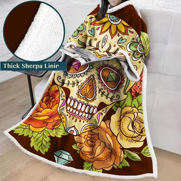 3D Digital Printed Skull Blanket With Sleeves-Horror Blanket Robe