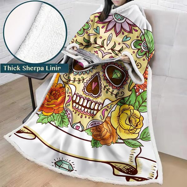 3D Digital Printed Skull Blanket With Sleeves-Horror Blanket Robe