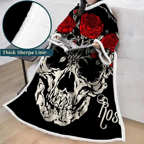 3D Digital Printed Skull Blanket With Sleeves-Horror Blanket Robe