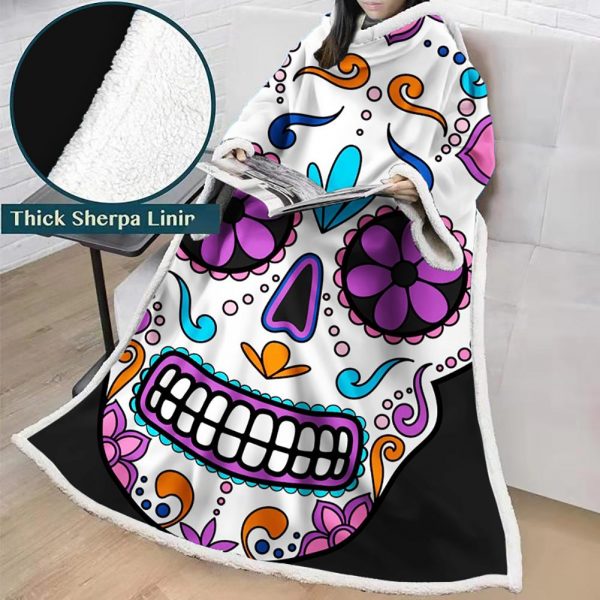 3D Digital Printed Skull Blanket With Sleeves-Horror Blanket Robe