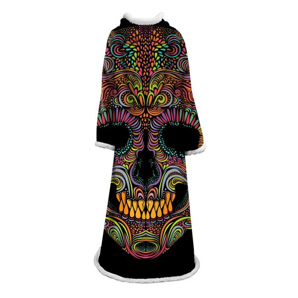 3D Digital Printed Skull Blanket With Sleeves-Horror Blanket Robe