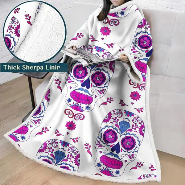 3D Digital Printed Skull Blanket With Sleeves-Horror Blanket Robe