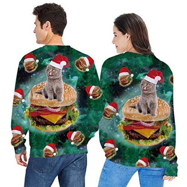 3D Graphic Pullover Sweater Unisex Christmas Funny Burger Cat Jumper