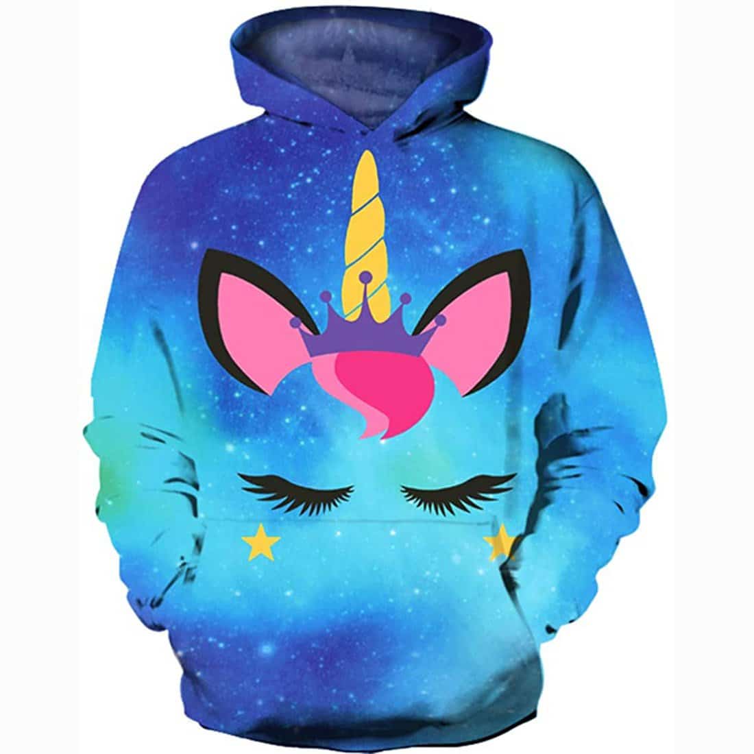 3D Print Realistic Blue Galaxy Unicorn Face Pullover Hoodie Hooded Sweatshirt for Kids