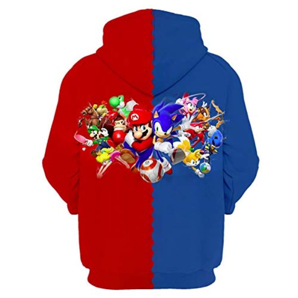 Cartoon Games Sonic Hoodie - Super Mario and Sonic the Hedgehog Red and Blue 3D Print Pullover Hooded Sweatshirt