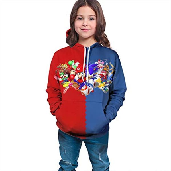 Cartoon Games Sonic Hoodie - Super Mario and Sonic the Hedgehog Red and Blue 3D Print Pullover Hooded Sweatshirt