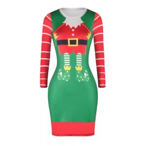Christmas Dresses - Knee-Length Xmas Stripe Sleeves Dress