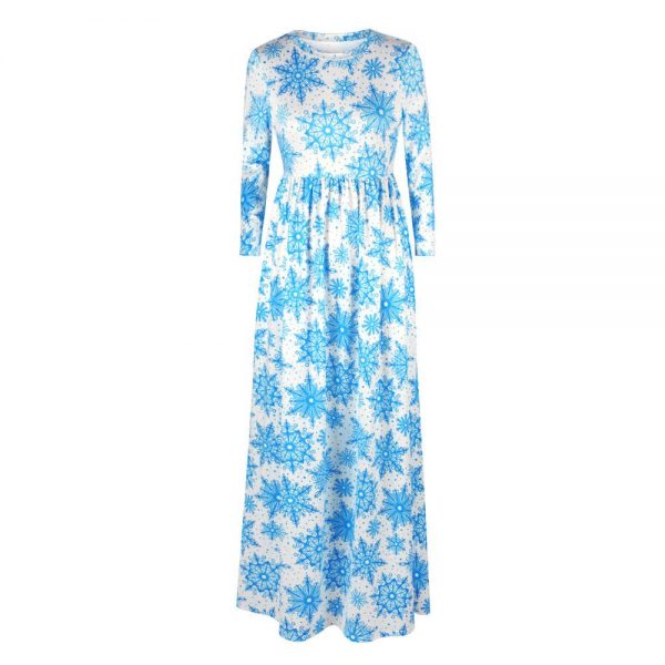 Christmas Dresses - Long Sleeves Blue Printed Dress