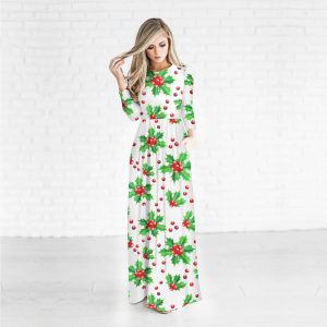 Christmas Dresses - Long Sleeves Cherry Printed Dress