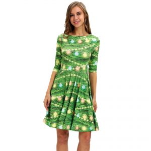 Christmas Dresses - Long Sleeves Xmas Bell Printed Green Dress