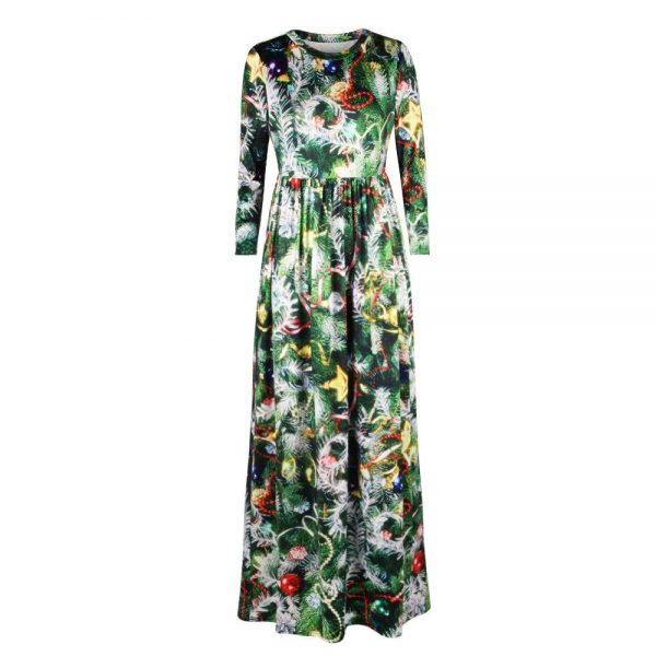 Christmas Dresses - Long Sleeves Xmas Tree Printed Dress