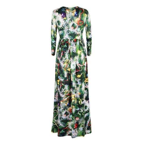 Christmas Dresses - Long Sleeves Xmas Tree Printed Dress