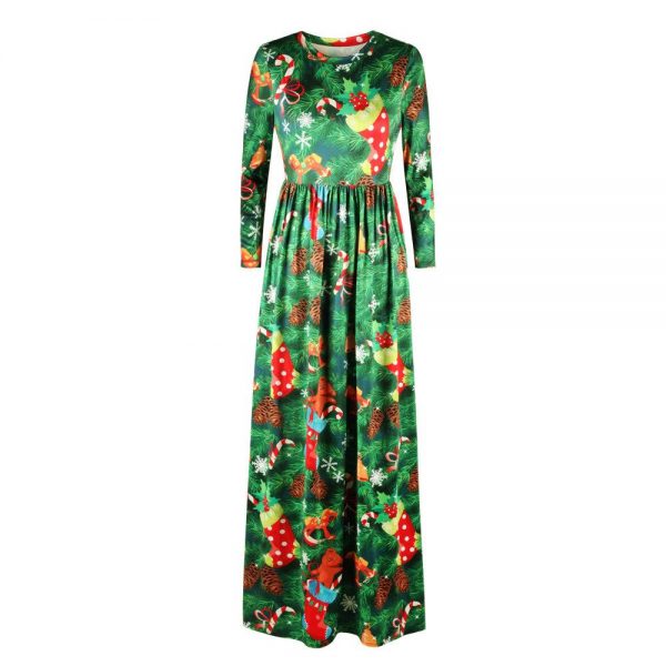 Christmas Dresses - Long Sleeves Xmas Tree & Sock Printed Dress